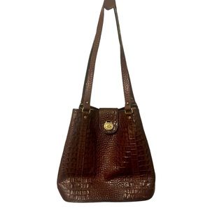 Vintage Brahmin Flower Bucket Bag Croc Embossed Leather Tote Bag Dark Brown